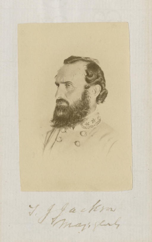 JACKSON, Thomas J. ("Stonewall"),  (1824-1863), Major General, C.S.A.  Signature ("T.J. Jackson  Maj. Genl."), on a small sheet of good-quality laid paper paper (5 7/8 x 3½ in., partial watermark), neatly affixed above the signature (resembling a carte-de-visite) is an albumen of a famous early image of Jackson in full (the albumen: 3½ x 2½ in.). The whole neatly mounted on heavy, early vintage card. Signature a bit light, but very clear.