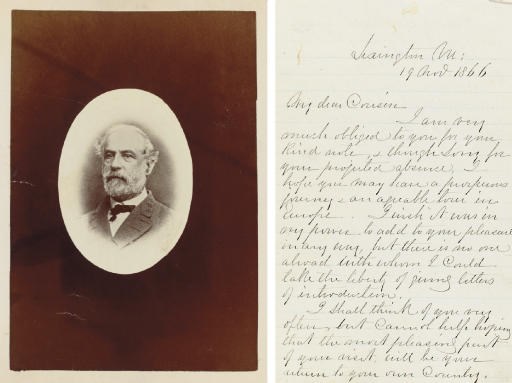 LEE, Robert E. AN ALBUM DEVOTED TO THE LIFE AND CAREER OF ROBERT E. LEE, compiled by his cousin, Bessie Lee Cooper, containing THREE AUTOGRAPH LETTERS SIGNED ("R. E. LEE"), 19 November 1866 - 24 January 1868; one carte-de-visite signed ("R. E. Lee"), along with 18 other photographs, cartes-de-visites or cabinet cards pertaining to the family and career of R. E. Lee; three autograph envelopes; and one clipped signature ("R. E. Lee"). 8vo (7 5/8 x 9¾ in.), 19 leaves in all; bound in vellum, covers tooled in gold leaf, spine gilt.