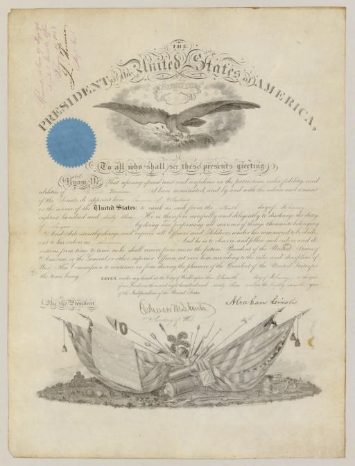 LINCOLN, Abraham (1809-1865). Engraved document signed ("Abraham Lincoln"), as President, countersigned by Secretary of War Edwin M. Stanton, Washington, D. C., 11 February 1863. A commission for W. G. Varnum. 1 page, folio (19 x 14¾ in.), PRINTED ON FINE PARCHMENT with elaborately engraved roman and calligraphic script at top, "The President of the United States of America," with engraved motifs of an American eagle clutching lightning bolts and olive branch at top, and images of flags, cannon and muskets below. A clerical docket in top left corner. Folded at center. A FINE, BOLD, FULL SIGNATURE. Lincoln makes Varnum a Surgeon of Volunteers.