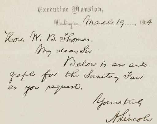 LINCOLN, Abraham. Autograph letter signed ("A. Lincoln") as President, to Hon. W.B. Thomas, Executive Mansion, Washington, D.C., 19 March 1864. 1 page, 8vo, on Executive Mansion letterhead, integral blank, very slight fold separations, otherwise in fresh condition, with a very fine signature.