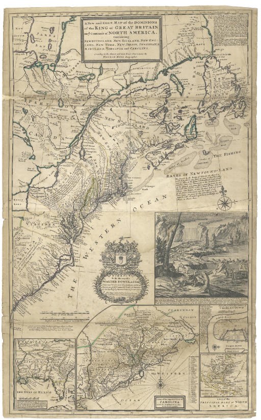 MOLL, Herman (1654-1732). A New and Exact Map of the Dominions of the King of Great Britain on ye Continent of North America. Containing Newfoundland, New Scotland, New England, New York, New Jersey, Pensilvania, Maryland, Virginia and Carolina. According to the Newest and most exact observations by Herman Moll Geographer. London: Printed and sold by Thos: Lowndes next ye Chapter House in St. Pauls Church-yard, John Bowles at the Black Horse in Cornhill, and by I. King at ye Globe in ye Poultrey near Stocks Market, 1715.