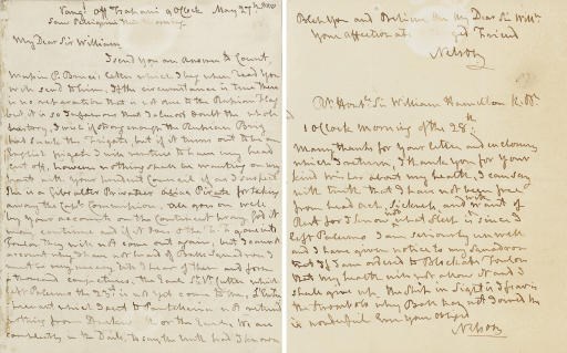 NELSON, Horatio, Admiral (1758-1805). Autograph letter signed ("Nelson"), and autograph postscript signed ("Nelson"), to Sir William Hamilton (1730-1803), aboard the Vanguard, off Trapani, 27 May [1799]. 3 full pages, 4to, remnants of tipping along center crease, small oval offset along top edge.