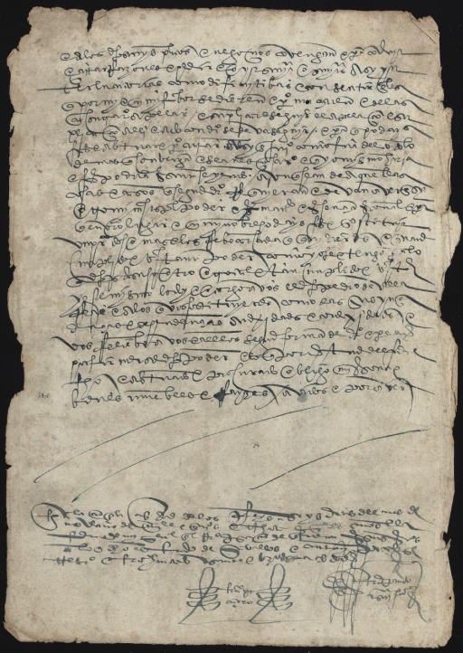 PIZARRO, Francisco (1475-1541), Marqués, Conquistador of Peru. Document signed ("Fra.o Piçarro," with rubric signature), as governor of New Castille, Una carta de poder (power of attorney), Los Reyes, (Lima), 6 November 1536. 2 pages, folio, executed in two different clerical hands, countersigned by another official to the right of Pizarro's signature, frayed along edges, top left corner of recto discolored, age-toned.