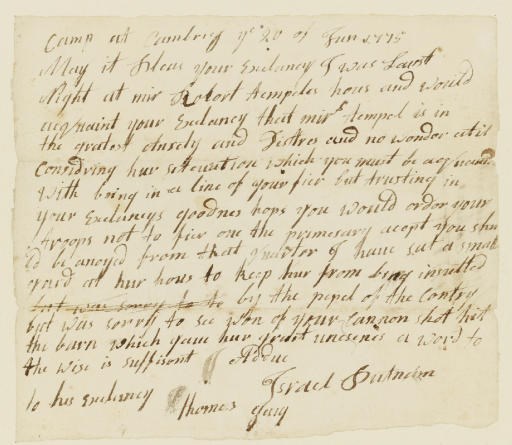PUTNAM, Israel (1718-1790), Major General, Continental Army. Autograph Letter Signed, ("Israel Putnam") as Major General, Continental Army, TO BRITISH GENERAL THOMAS GAGE, "Camp at Cambrieg" [Cambridge, Massachusetts], 20 June 1775.