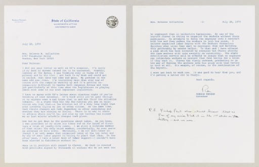 REAGAN, Ronald (1911-2004), President. Typed letter signed ("Ron"), as Governor of California, to Dolores M. Ballachino, Sacramento, 28 July 1970. 2 pages, 4to, official stationery, with 3-line autograph postscript.