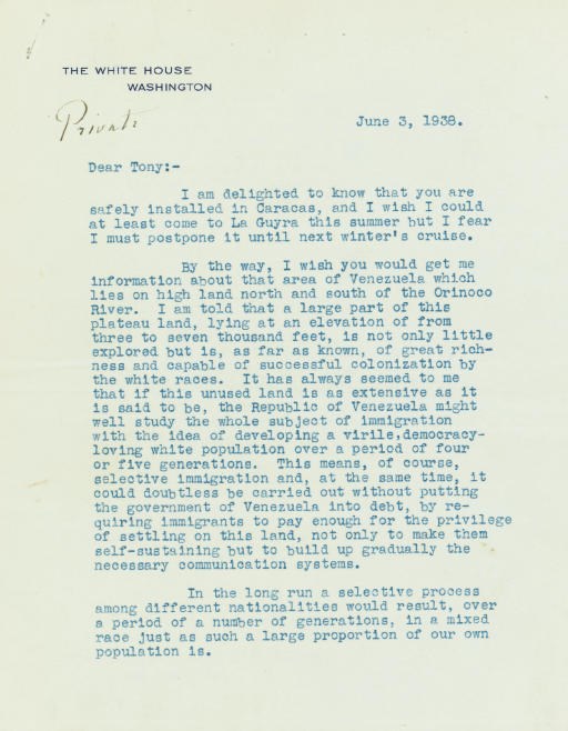 ROOSEVELT, Franklin D. (1882-1945), President. A collection of 8 typed letters signed ("Franklin D. Roosevelt"), ALL AS PRESIDENT, to Antonio C. Gonzalez (1888-1965), 12 December 1934 - 4 December 1944. Together 9 pages, 4tos, all on White House stationery.