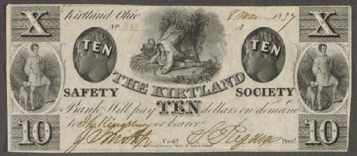 SMITH, Joseph. Printed check signed ("J. Smith"), and counter-signed by S. Rigden, Kirtland, Ohio, 8 March 1837. 1 page, oblong (6¾ x 3 in.), elaborately engraved in various typefaces, two oval images of a farmer along left and right edges, a larger allegory of a wheat cutter at rest in his fields at center top, with two additional ovals on either side showing a female head in profile with the denomination "ten" printed upon them.