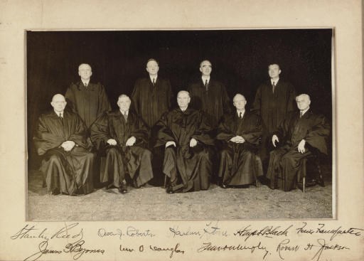 SUPREME COURT. Group photograph signed by nine Justices, Washington, D. C., 1941. Black and white photograph, 6¾ x 10½ inches, matted and framed, signed by each of the Justices along the lower margin of the matt. WITH: A series of autograph endorsements signed with initials ("H. L. B.," twice; "F. F.," twice; "R. H. J.," and "F. M.") by four of the Justices (Black, Frankfurter, Jackson, and Murphy), all contained on a single sheet of loose leaf paper. 1page, 4to, ruled paper, laid down.