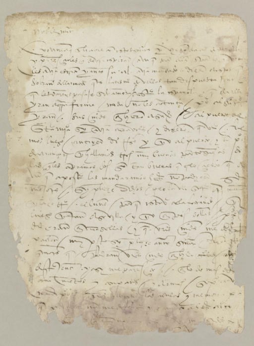 [TEXAS, FLORIDA]. GARAY, Francisco de (? - 1523), Associate of Chritopher Columbus, Governor of Jamaica. Autograph(?) letter (closing and signature lacking), to Ochoa de Isasaga in the Casa de Contratacion de Indias in Seville (later the Supreme Council of the Indies), [port Santa Maria, Cadiz, Spain], n.d. [February 1514]. 1 full page, small folio (11 x 8½ in.), addressed on verso, incomplete, probably lacking a sheet with closing and signature, damage to lower portion, affecting a few words, stains.