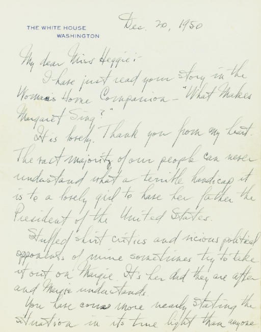 TRUMAN, Harry S. (1884-1972), President. Autograph letter signed ("Harry S. Truman"), AS PRESIDENT, to Barbara Heggie, Washington D. C., 20 December 1950. 3 pages, 4to, White House stationery. TRUMAN. TLS ("Harry S. Truman") to Barbara Heggie, Washington, 8 Jan. 1951. 1p., 4to, White House stationery.