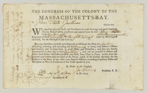 WARREN, Joseph (1741-1775), patriot, Major General of Militia. Partly printed document signed ("Jos Warren")  as President pro tempore of the "Congress of the Colony of the Massachusetts-Bay," [Cambridge?], 19 May 1775.