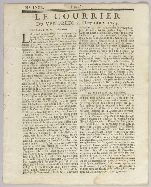 [WASHINGTON, George]. [FRENCH AND INDIAN WAR]. Le Courrier, No. LXXX, Avignon: Alexandre Giroud, Friday 4 October 1754. 4 pages, 4to (9 x 7¼ in.), printed two columns to the page, paginated 321-324, masthead and date of issue printed in large type at head of first page. The full text of Washington's terms of surrender at Fort Necessity printed along bottom third of column on page 323 and top half of column on page 324, WITH PRINTED SIGNATURE ("G. WASHINGTON"). Disbound, six sets of tiny holes along margin where once sewn. Very slight staining at corners, otherwise very good condition. In French.