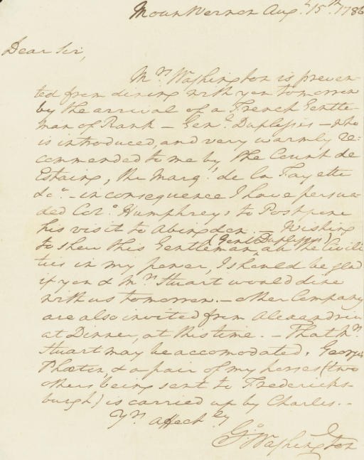 WASHINGTON, George. Autograph letter signed ("G:o Washington"), Dr. Stuart in Abingdon, Mount Vernon, 15 August 1786. 1 full page, 4to, integral address leaf in Washington's hand to "Doctr. Stuart  Abingdon," tiny traces of mount on address leaf, otherwise in exceptionally fresh, clean condition.