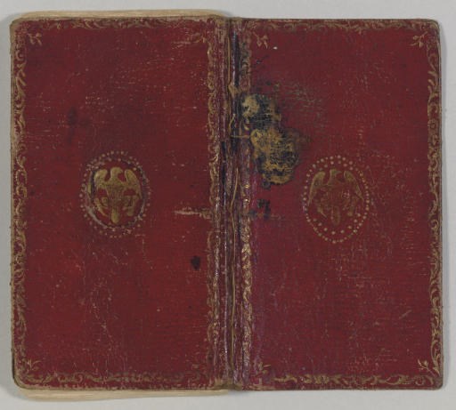 [WASHINGTON, George]. Morocco-bound pocket notebook originally owned by George Washington, covers gilt-stamped with a version of the U.S. Great Seal, back flyleaf with the ink signature of "Bushrod [Corbin] Washington,  Blackburn  Rippon Lodge," the front endpage with his explanatory note: "This was a pocket almanac[c] and once belonged to General G Washington of Mount Vernon," and a 1809 inscription by Bushrod Corbin Washington's future wife Anna Maria  Thomasina Blackburn (1790-1833),  dated "Rippon Lodge,    21st Octr. 1809." (Bushrod Corbin Washington and Anna Maria Thomasina Blackburn were married about 1810). 17 pages in the book contain Psalms, passages of scripture and devotional passages from authors (including William Cowper, Isaac Taylor and others) by Bushrod Corbin Washington (1790-1851), son of Washington's nephew Corbin Washington (1764-1799). Some entries dated, these ranging from 1 January 1827 to 16/17 July 1828.