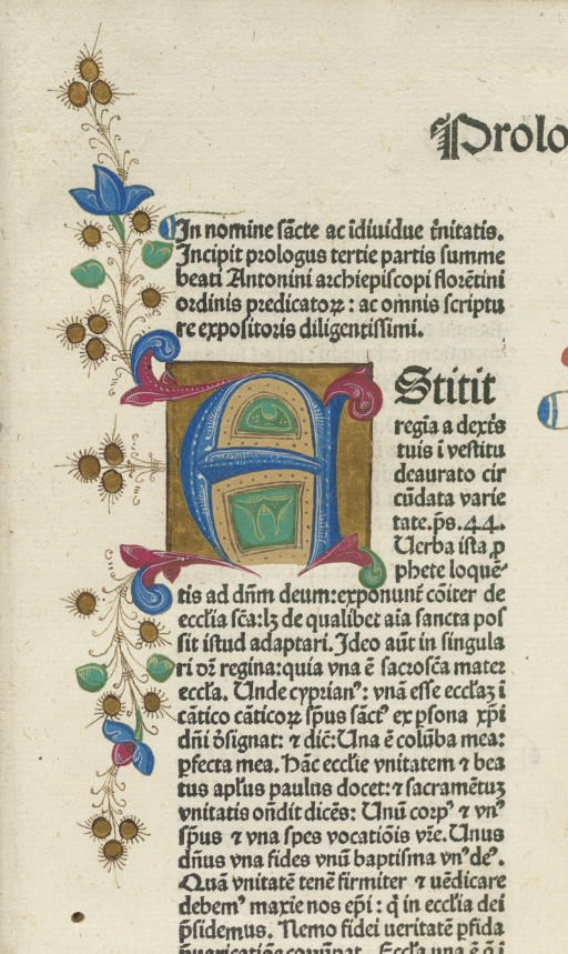 ANTONINUS FLORENTINUS (1389-1459, Saint). Summa theologicae. Part III, volume one only (of 4). Edited by Franciscus Moneliensis. Venice: Nicolaus Jenson,  1477.