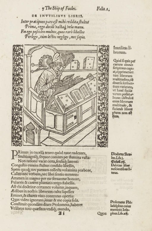 BRANT, Sebastian (1458-1521). Stultifera navis, qua omnium mortalium narratur stultitia ... The Ship of Fooles, wherein is shown the folly of all states, with divers other workes. Translated into English from Jacob Locher's Latin version by Alexander Barclay (1475?-1552). London: John Cawood, 1570.