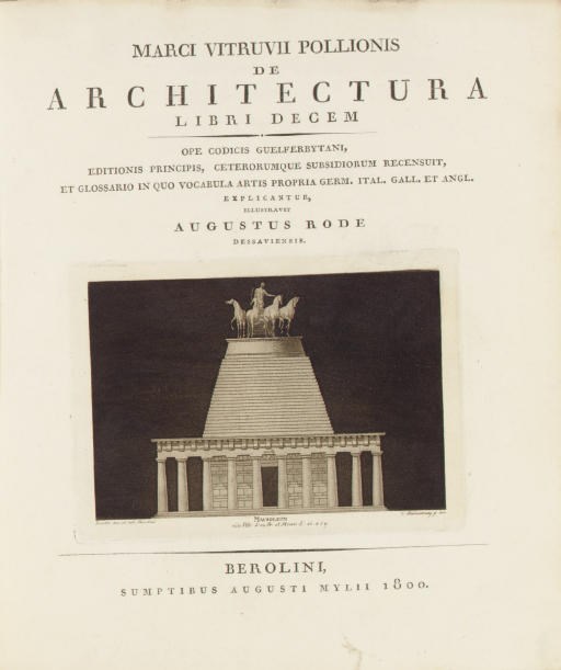[VITRUVIUS -- NORTHERN]. VITRUVIUS POLLIO, Marcus. Architecture generale. Amsterdam: Huguetan, 1681. 12o. Title-page printed in red and black. 11 engraved plates (lacking engraved frontispiece). Later mottled sheep. A reprint of the abridged 1674 edition. Fowler 420. -- De architectura libri decem. Berlin: August Mylius, 1800. Text volume only, 4o (lacks atlas volume and 21 plates). Aquatint title vignette. Contemporary half sheep, marbled boards. This edition is the first Latin Vitruvius to be printed in Germany after the 1546 Strassburg edition and includes glossary of Vitruvian terms in five languages. -- De architectura libri decem. Strassburg: Typographia Society, 1807. 8o. Contemporary half calf (front cover detached). -- De architectura libri decem. Leipzig: Teubner, 1899. 8o. Original cloth. Together 4 volumes, condition varies. 	 (4)
