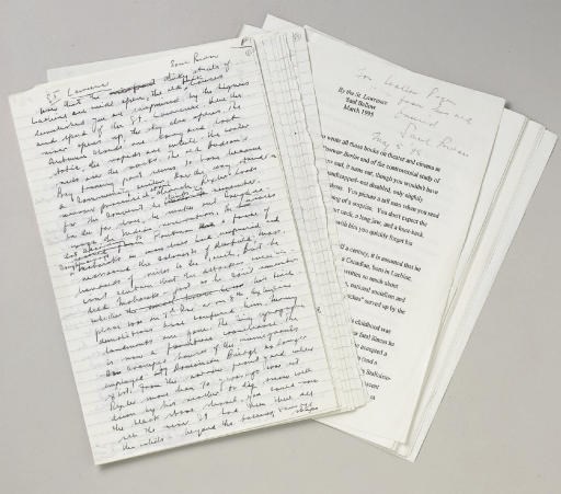 BELLOW, Saul. Autograph manuscript signed ("Saul Bellow"), a draft of his story "By the St. Lawrence," May 1995. 38 pages, 4to, on ruled notepaper, numerous emendations, evidently removed from a notebook. [WITH:] BELLOW. Typed manuscript inscribed and signed ("Saul Bellow"), a typescript of "By the St. Lawrence." A fair copy of the story. 17 pages, 4to. Inscribed on top edge of first page, to his longtime friend and attorney: "For Walter Pozen from his old friend Saul Bellow, May 5, '95."