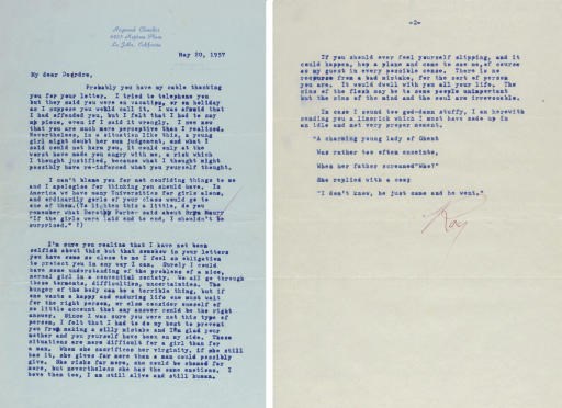 CHANDLER, Raymond (1888-1959). A collection of 16 typed letters signed ("Raymond Chandler" (2) and "Ray") to Deirdre Gartrell, 49 Carlton Hill, London, and La Jolla CA, 15 February 1956 - 14 August 1957, frequent corrections in autograph, one letter including a typscript 14-line poem.  Together 40 pages, 8vo and 4to, with three telegrams and a manuscript account by the recipient of the circumstances of the correspondence. Provenance: Deirdre Gartrell.