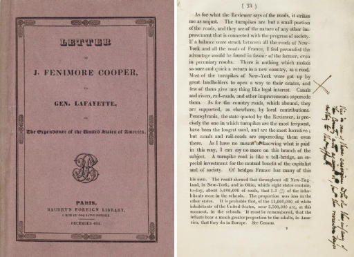 COOPER, James Fenimore. Letter of J. Fenimore Cooper, to Gen. Lafayette, on the Expenditure of the United States of America. Paris: Baudry's Foreign Library, December 1831.