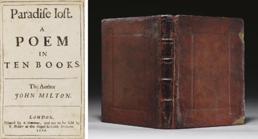 MILTON, John (1608-1674). Paradise Lost. London: Printed by S. Simmons, and are to be sold by T. Helder at the Angel in Little Brittain. 1669.