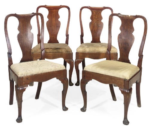 A SET OF FOUR GEORGE I WALNUT DINING CHAIRS