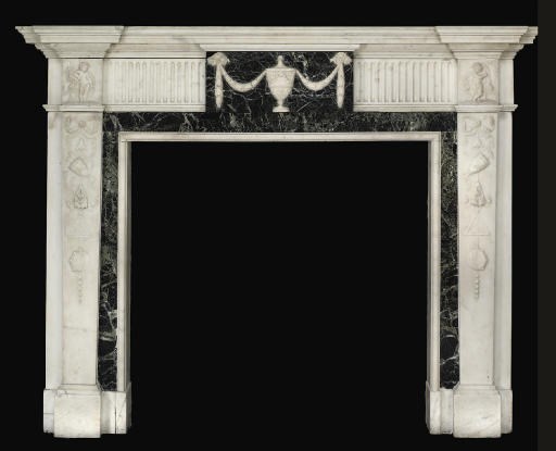 A GEORGE III STATUARY AND VERDE ANTICO MARBLE CHIMNEYPIECE