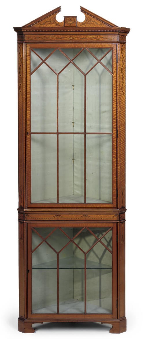 AN EDWARDIAN SATINWOOD AND MARQUETRY CORNER DISPLAY CABINET