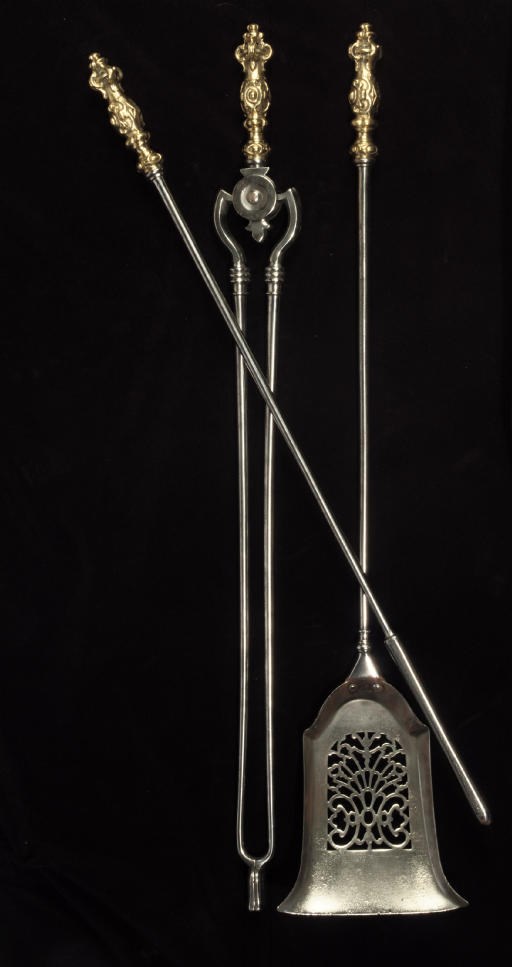 A SET OF THREE BRASS AND STEEL FIRE IRONS
