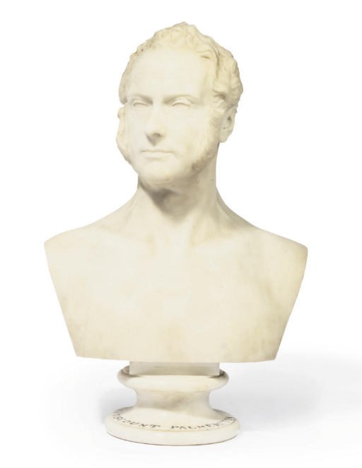 A SCULPTED WHITE MARBLE BUST OF VISCOUNT PALMERSTON