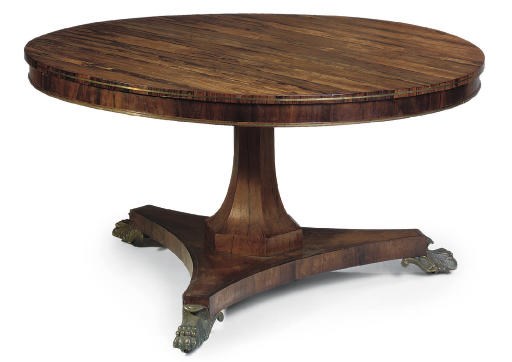A GEORGE IV ROSEWOOD AND BRASS INLAID CIRCULAR CENTRE TABLE