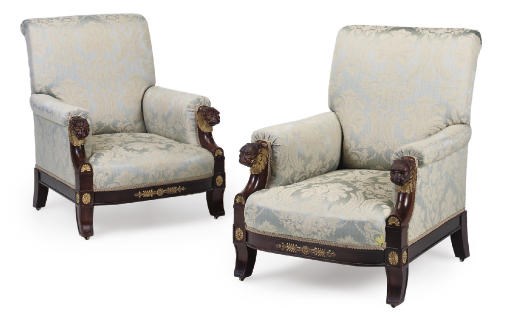 A PAIR OF MAHOGANY AND PARCEL GILT BERGERES