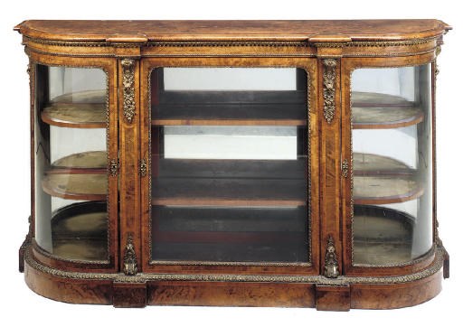 A VICTORIAN GILT METAL MOUNTED BURR WALNUT AND TULIPWOOD CROSSBANDED CREDENZA