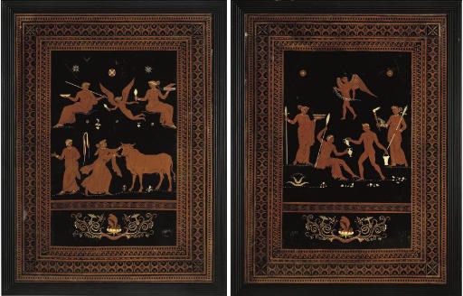 A PAIR OF GEORGE III BLACK, OCHRE AND WHITE-PAINTED PICTURES
