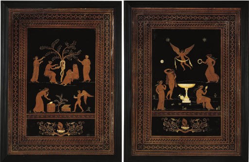 A PAIR OF GEORGE III OCHRE, BLACK AND WHITE-PAINTED PICTURES