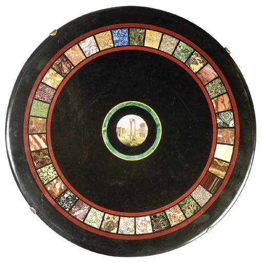 AN ITALIAN MICRO-MOSAIC AND SPECIMEN MARBLE TABLE TOP ON LATER STAND
