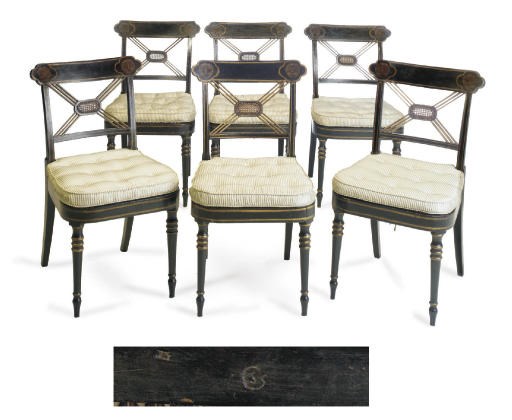 A SET OF SIX REGENCY EBONISED AND GILT HEIGHTENED DINING CHAIRS