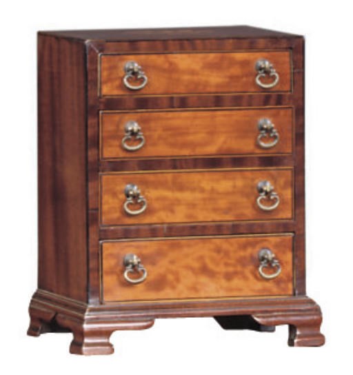 A GEORGE III MAHOGANY SATINWOOD AND MARQUETRY MINIATURE CHEST