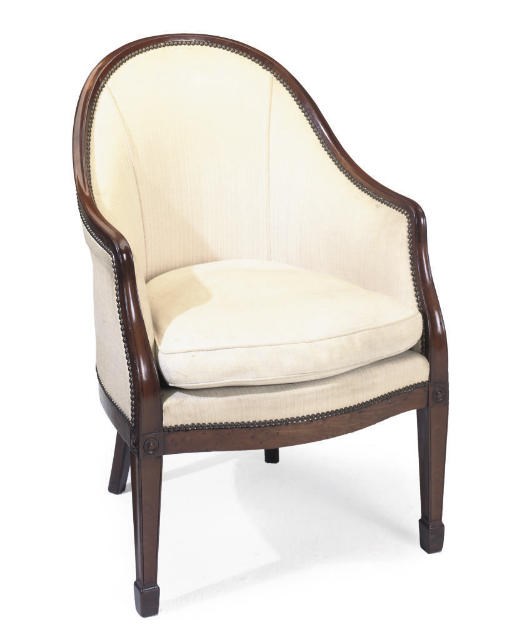 A GEORGE III MAHOGANY AND UPHOLSTERED ARMCHAIR