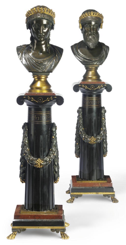 A PAIR OF FRENCH BRONZE MARBLE AND ORMOLU BUSTS OF ZEUS AND HERA