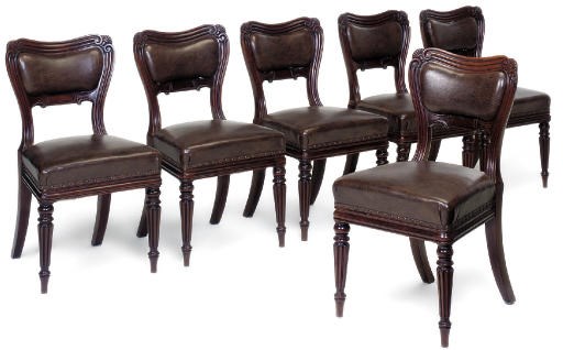 A SET OF SIX GEORGE IV MAHOGANY AND LEATHER UPHOLSTERED DINING CHAIRS