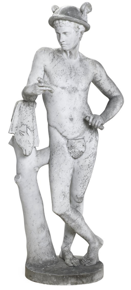AN ITALIAN SCULPTED MARBLE FIGURE OF MERCURY