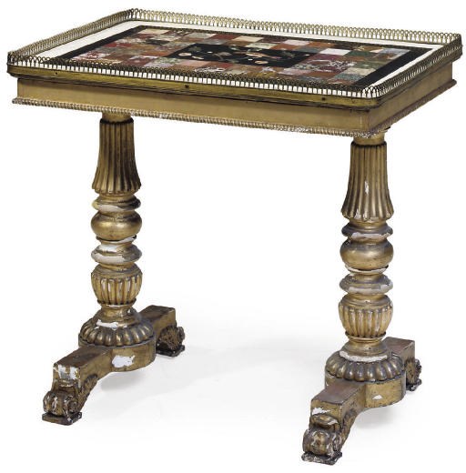 A GEORGE IV SPECIMEN MARBLE, PIETRA DURA AND GILTWOOD CENTRE TABLE