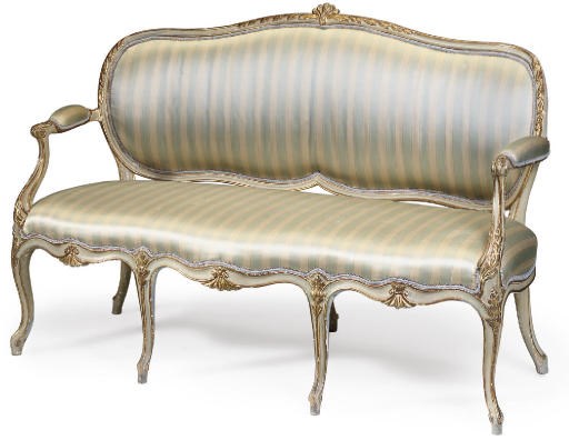A GEORGE III PALE GREY PAINTED AND PARCEL GILT SOFA