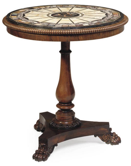 A GEORGE IV ROSEWOOD PIETRA DURA AND SPECIMEN MARBLE CENTRE TABLE