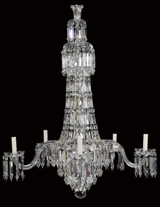 A SILVERED-BRASS AND CUT-GLASS FIVE-BRANCH CHANDELIER