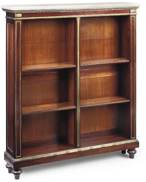 A LATE VICTORIAN GILT METAL MOUNTED MAHOGANY OPEN BOOKCASE