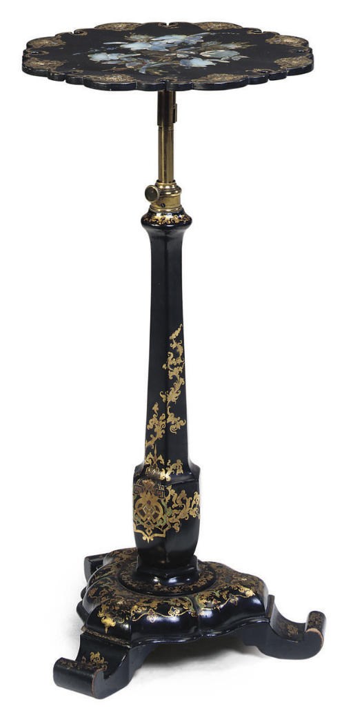 A VICTORIAN MOTHER OF PEARL INLAID AND GILT DECORATED PAPIER MACHE STAND
