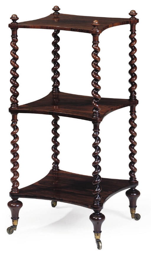 AN EARLY VICTORIAN ROSEWOOD THREE TIER ETAGERE