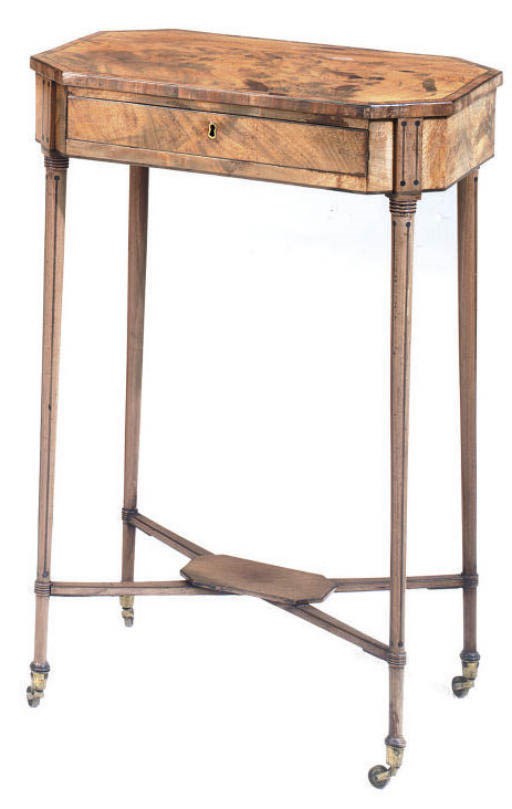 A REGENCY MAHOGANY AND LINE INLAID WORK TABLE